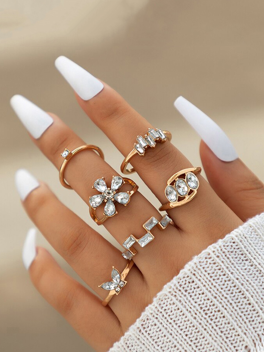 

Jewels Galaxy Set Of 6 Gold-Plated Stone Studded Stackable Finger Rings