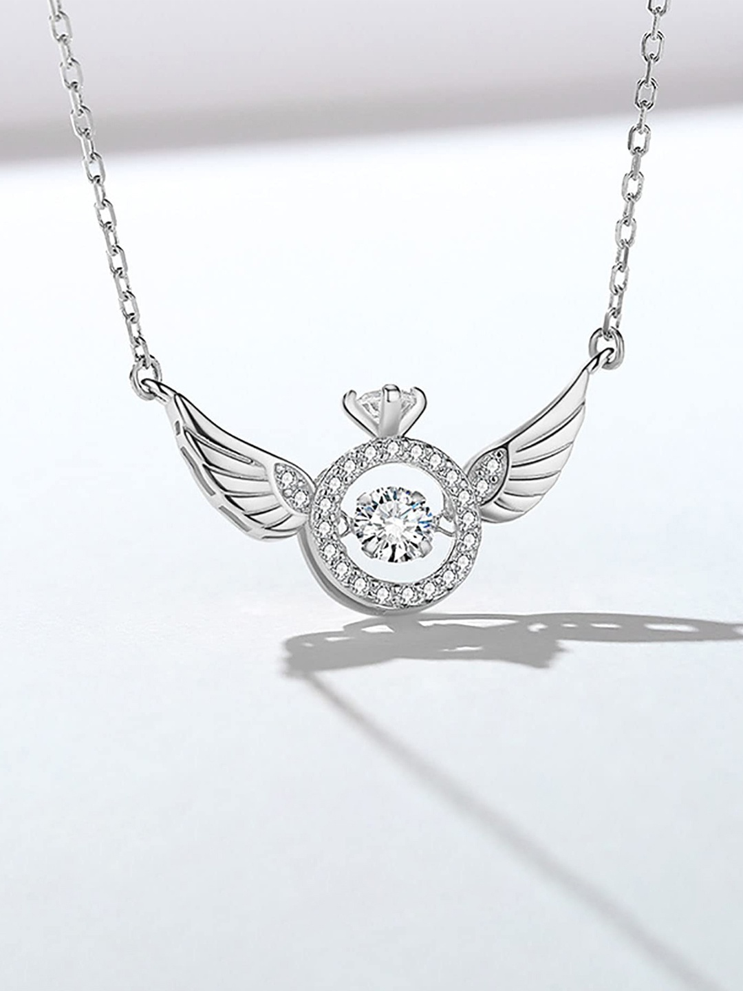 

Jewels Galaxy Silver-Toned Stone-Studded Angel Wings Pendant With Chain