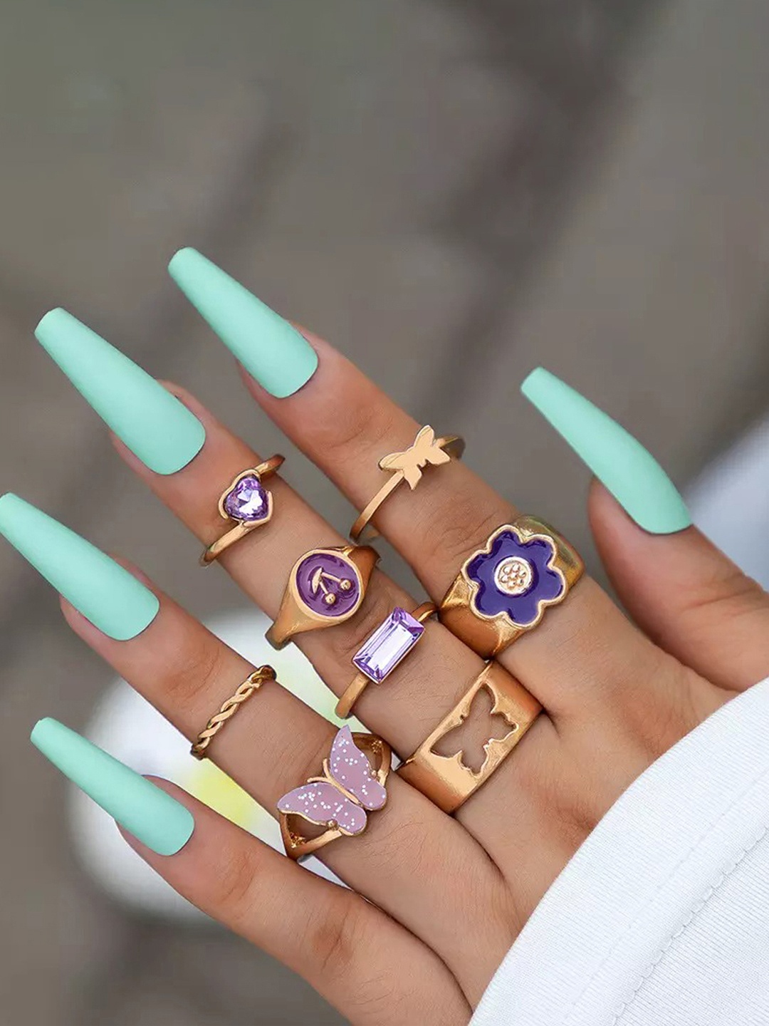 

Jewels Galaxy Set of 8 Gold Plated Butterfly-Floral Finger Ring, Purple