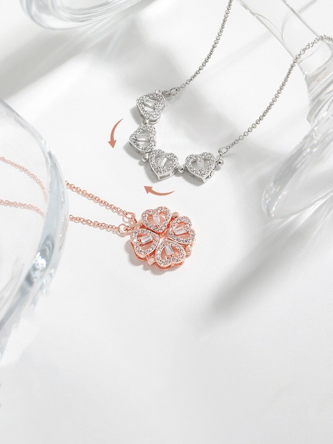 

Jewels Galaxy Women Set Of 2 Rose Gold & Silver-Plated Heart Pendants With Chain