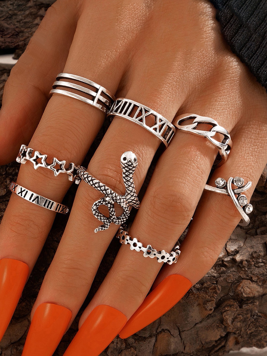 

Jewels Galaxy Set Of 9 Silver-Plated Snake Inspired Stackable Finger Rings