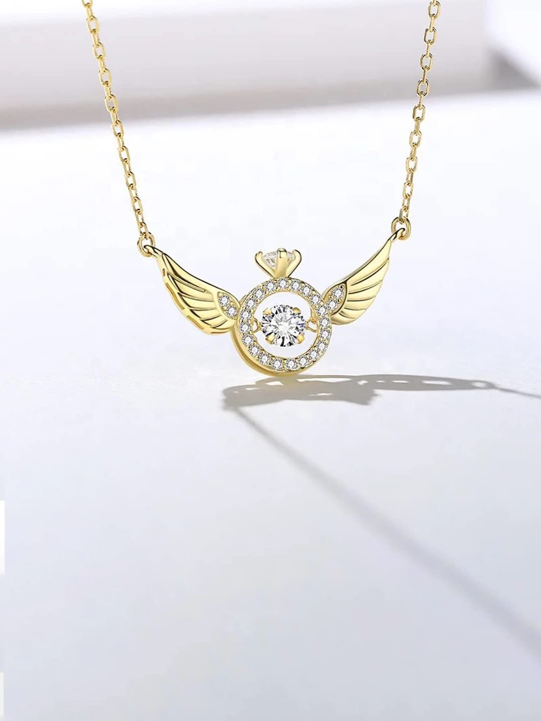 

Jewels Galaxy Stone Studded Angel Wings Pendant With Chain, Gold