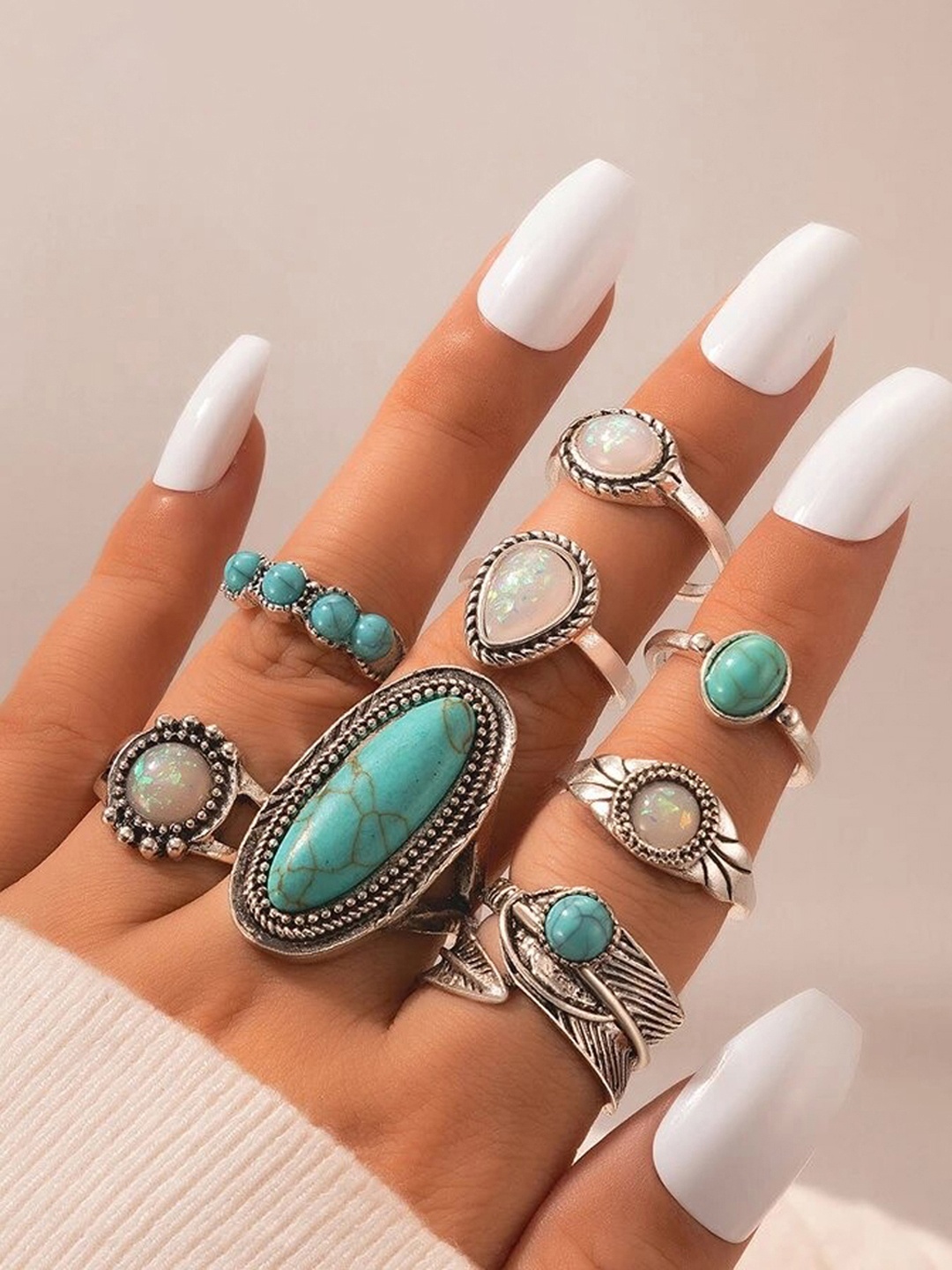 

Jewels Galaxy Set Of 8 Sliver-Plated Contemporary Stackable Finger Rings, Turquoise blue