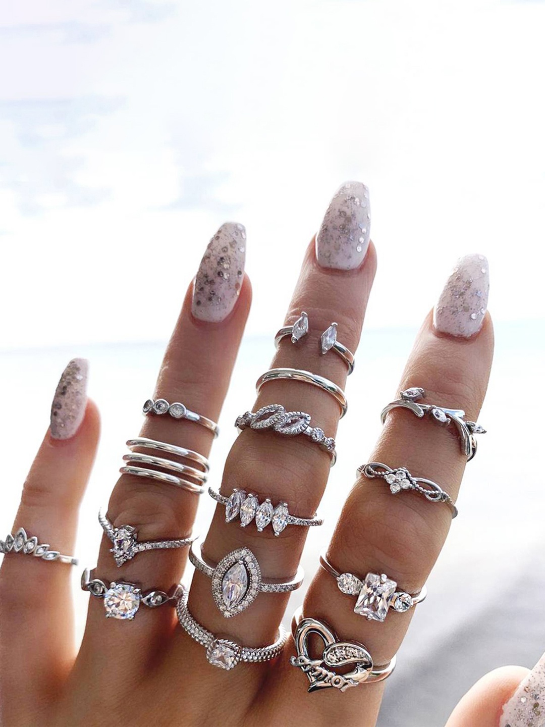 

Jewels Galaxy Set Of 15 Silver-Plated Stone Studded Stackable Rings