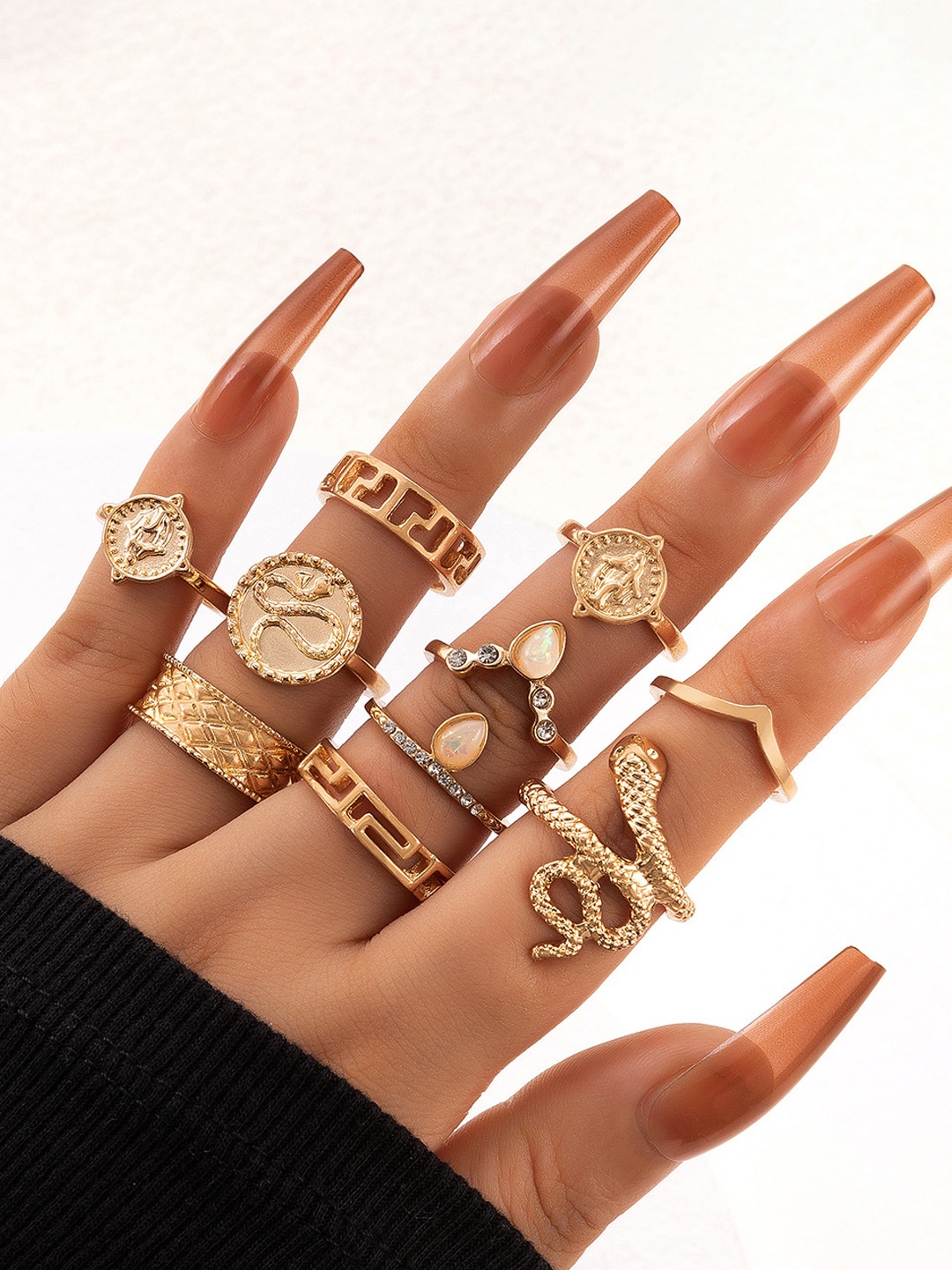 

Jewels Galaxy Women Set of 10 Gold-Plated Snake Inspired Stackable Finger Ring