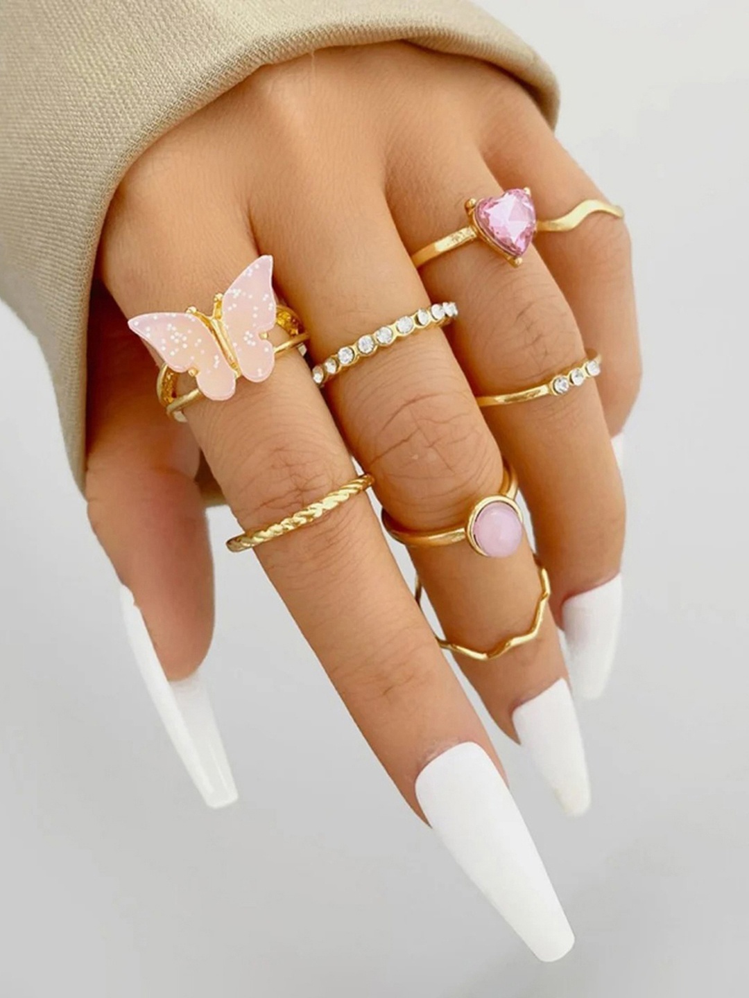 

Jewels Galaxy Set Of 8 Gold-Plated Stone Studded Finger Ring