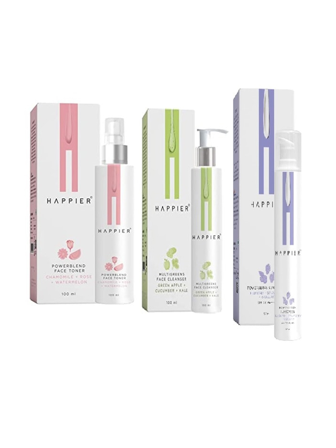 

Happier Set of 3 Powerblend Face Toner Powerberry Sunscreen & Multigreens Cleanser, White