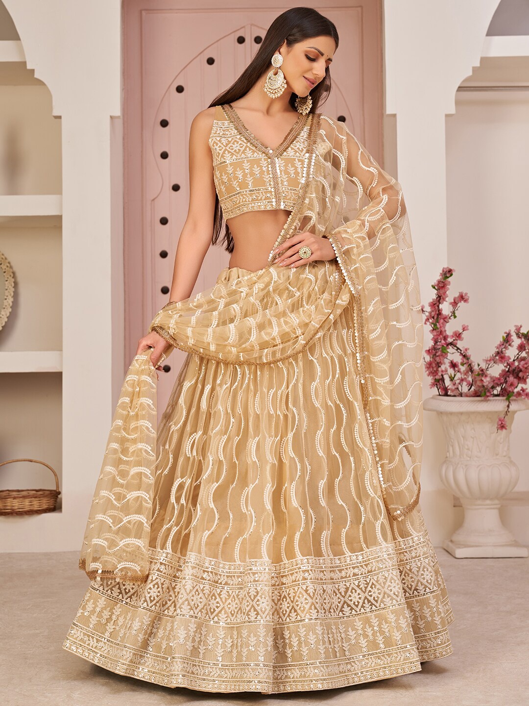 

FABPIXEL Embroidered Sequinned Semi-Stitched Lehenga & Unstitched Blouse With Dupatta, Beige