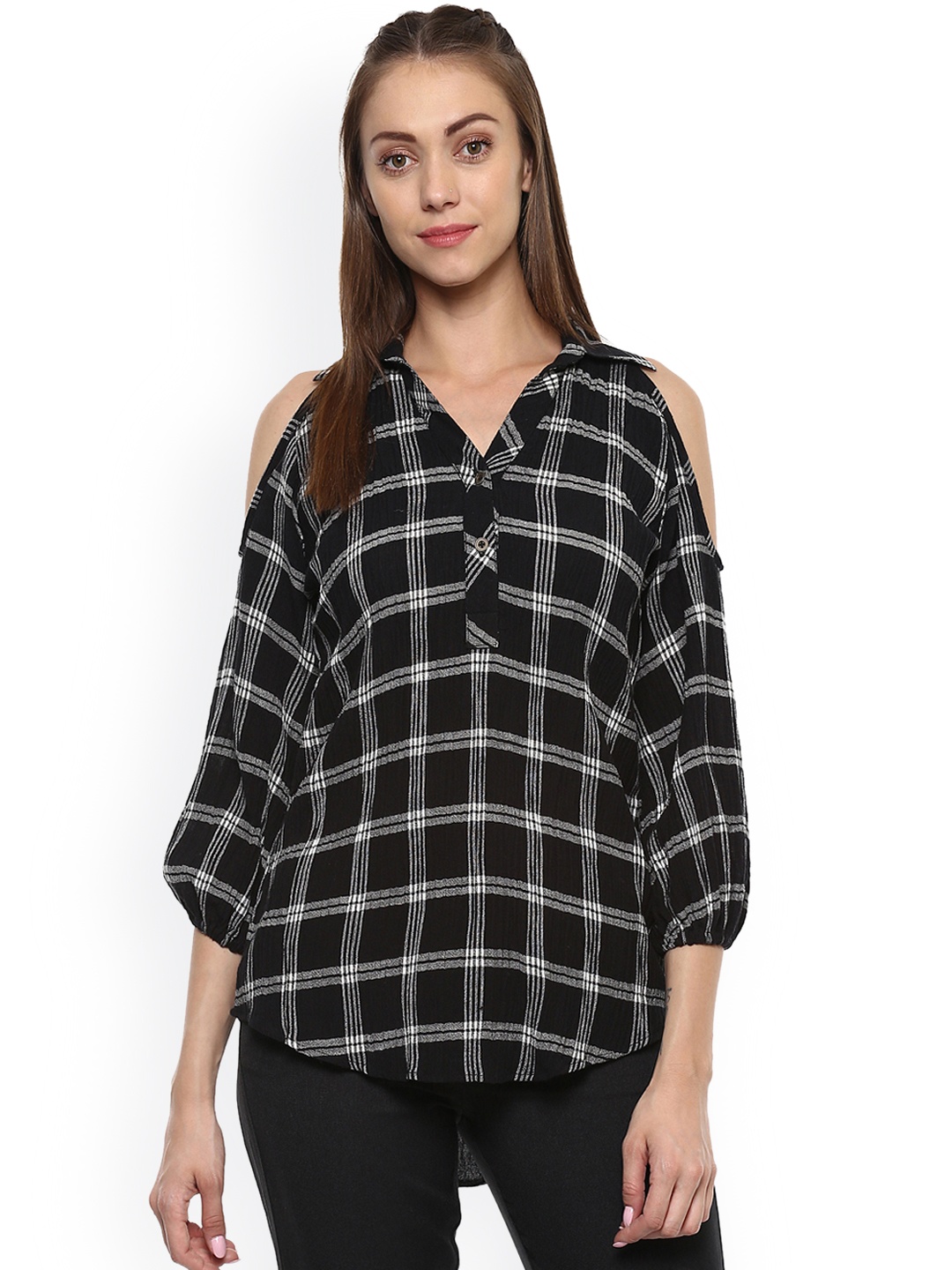

Taurus Women Black Checked Shirt Style Pure Cotton Top