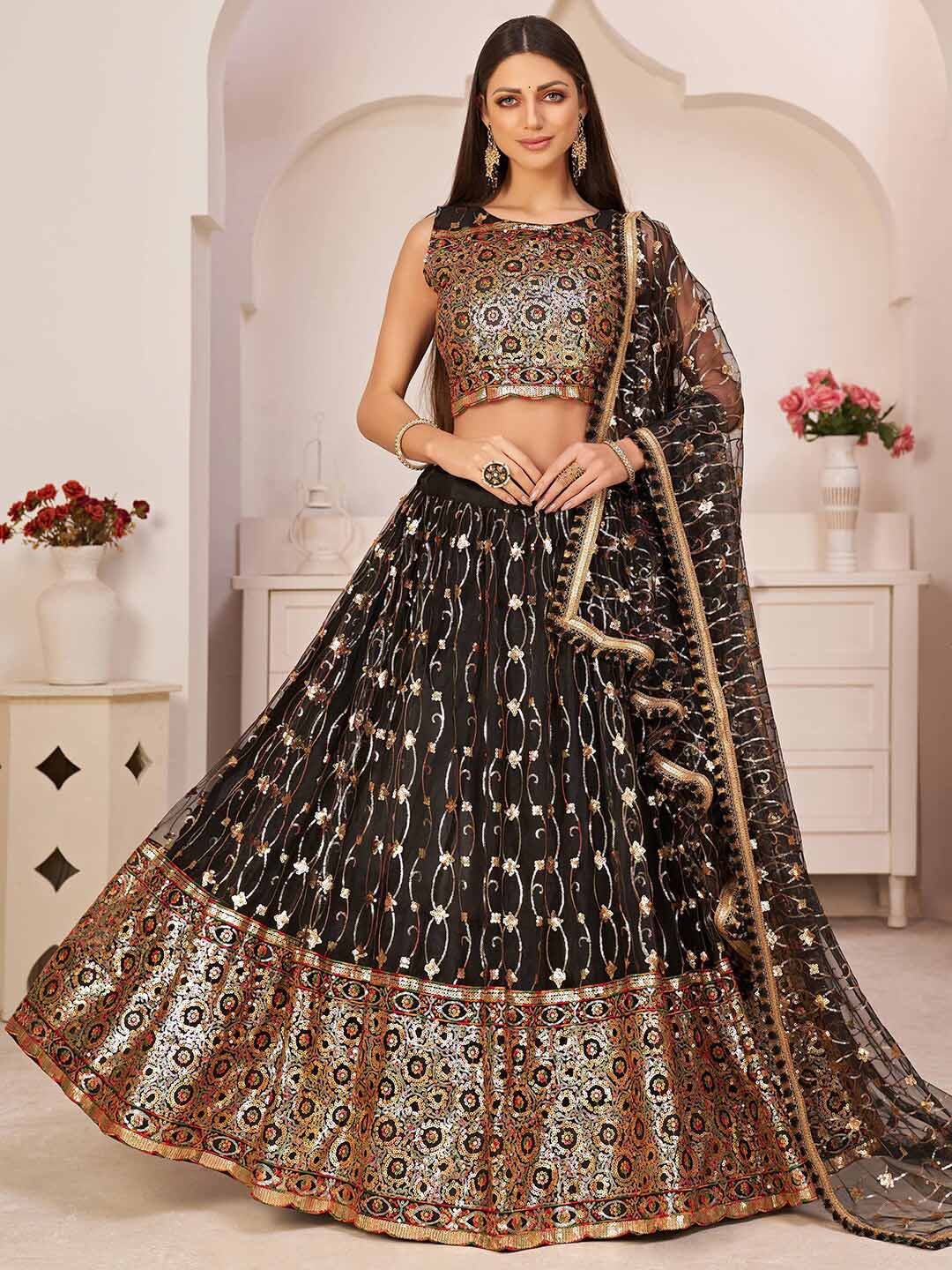 

FABPIXEL Black & Gold-Toned Embroidered Semi-Stitched Lehenga & Unstitched Blouse With Dupatta