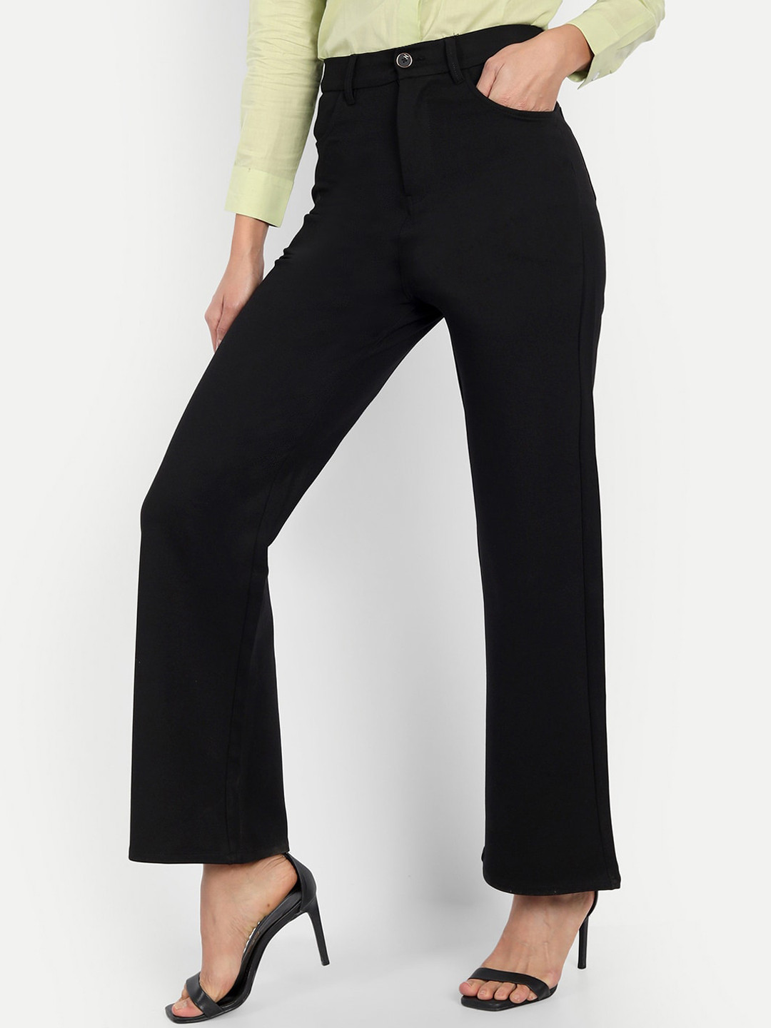 

BROADSTAR Women Black Relaxed Straight Leg Loose Fit High-Rise Easy Wash Trousers