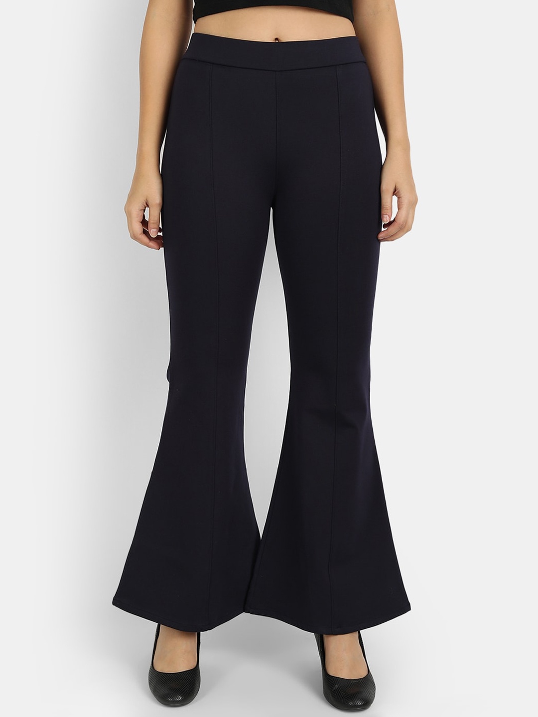 

BROADSTAR Women Relaxed Straight Leg Flared High-Rise Easy Wash Trousers, Navy blue