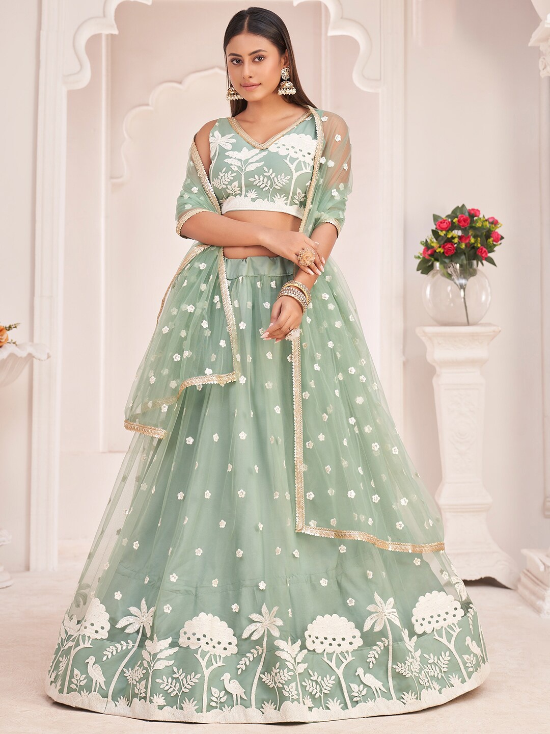 

FABPIXEL Thread Work Semi-Stitched Lehenga & Unstitched Blouse With Dupatta, Green