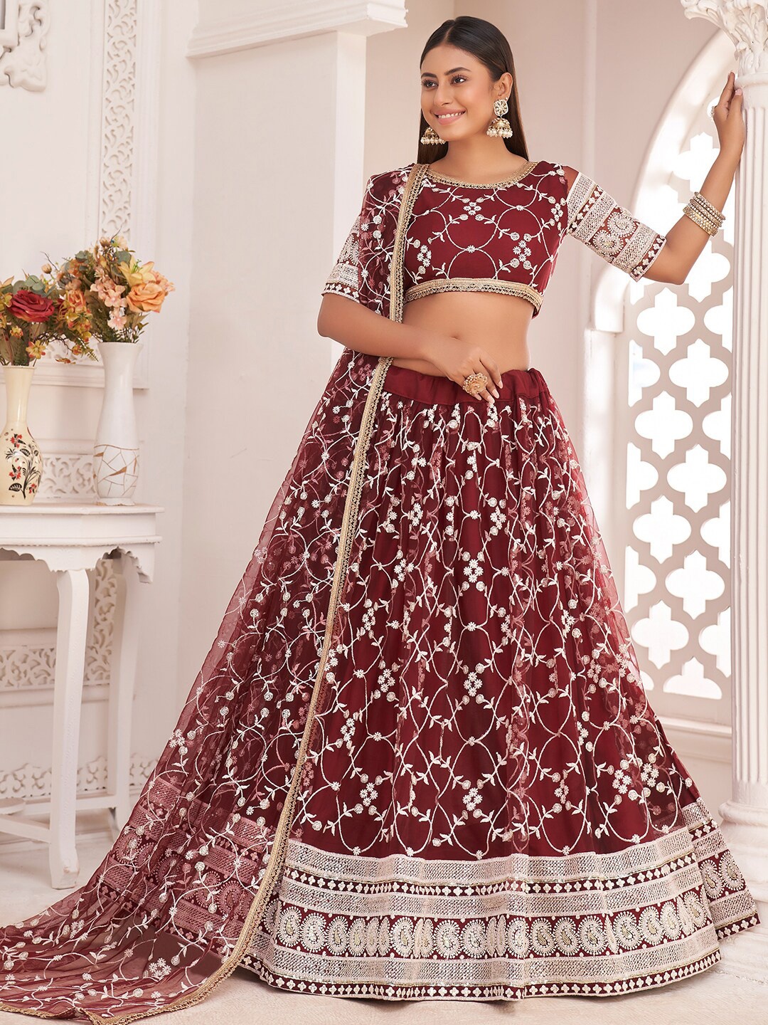 

FABPIXEL Purple & White Embroidered Thread Work Semi-Stitched Lehenga & Unstitched Blouse With Dupatta