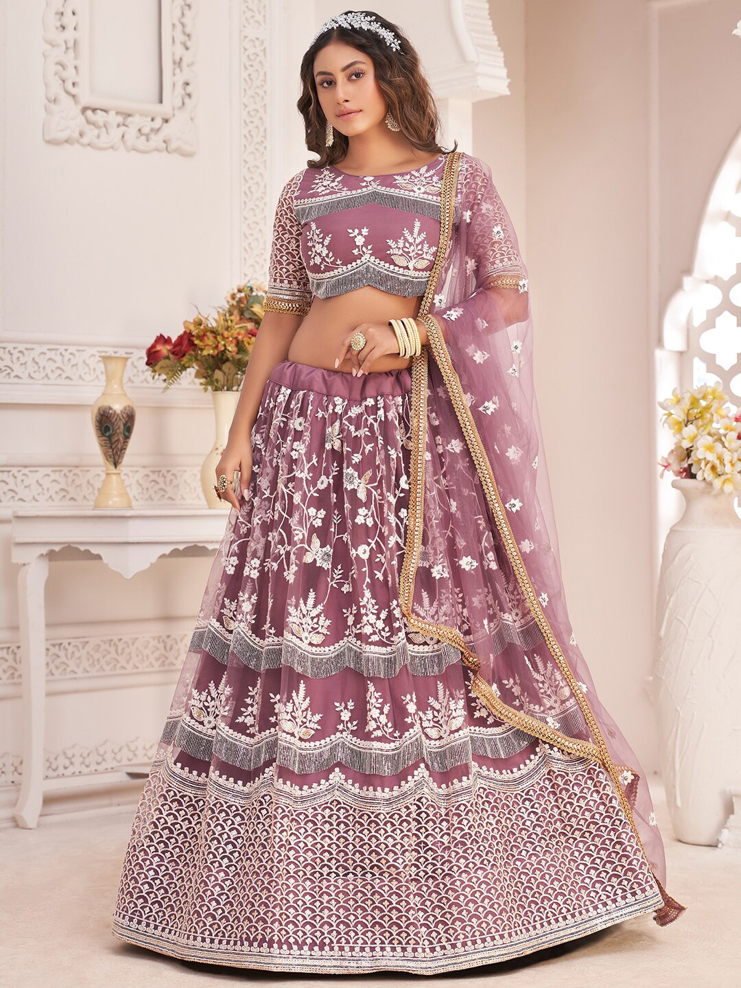 

FABPIXEL Peach-Coloured & White Embroidered Thread Work Semi-Stitched Lehenga & Unstitched Blouse With