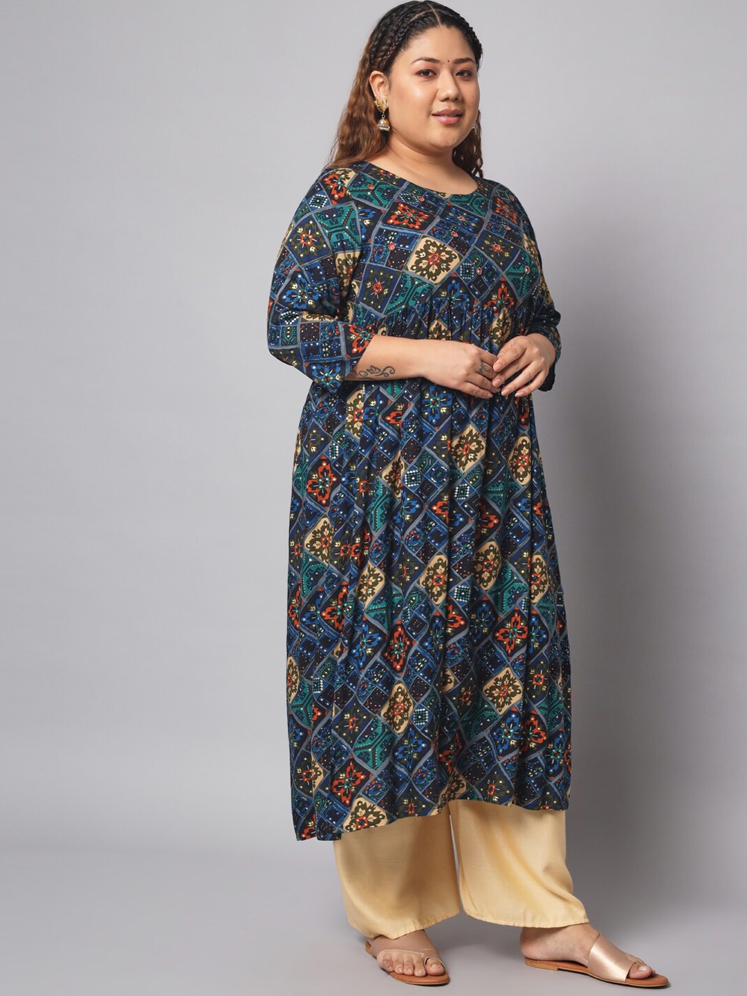 

KALINI Ethnic Motifs Printed Mirror Work Kurta, Blue