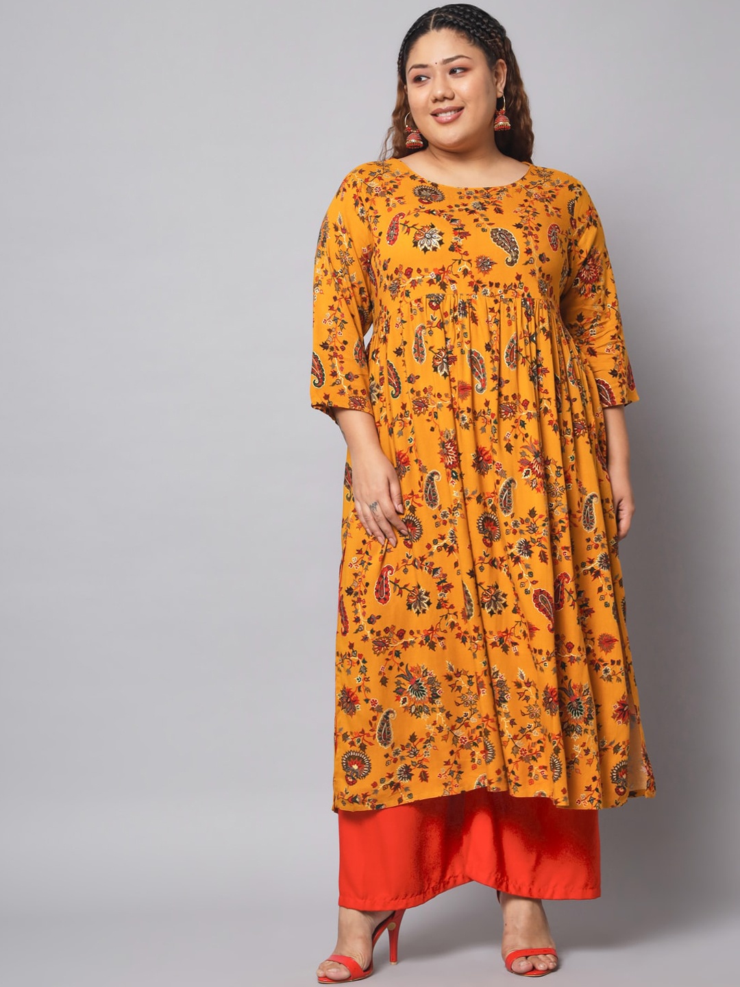 KALINI Yellow Paisley Printed Sequinned Kurta, Mustard
