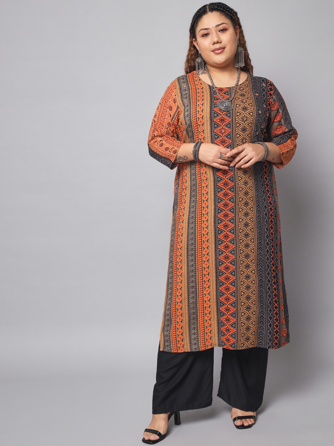 

KALINI Ethnic Motifs Printed Mirror Work Kurta, Orange