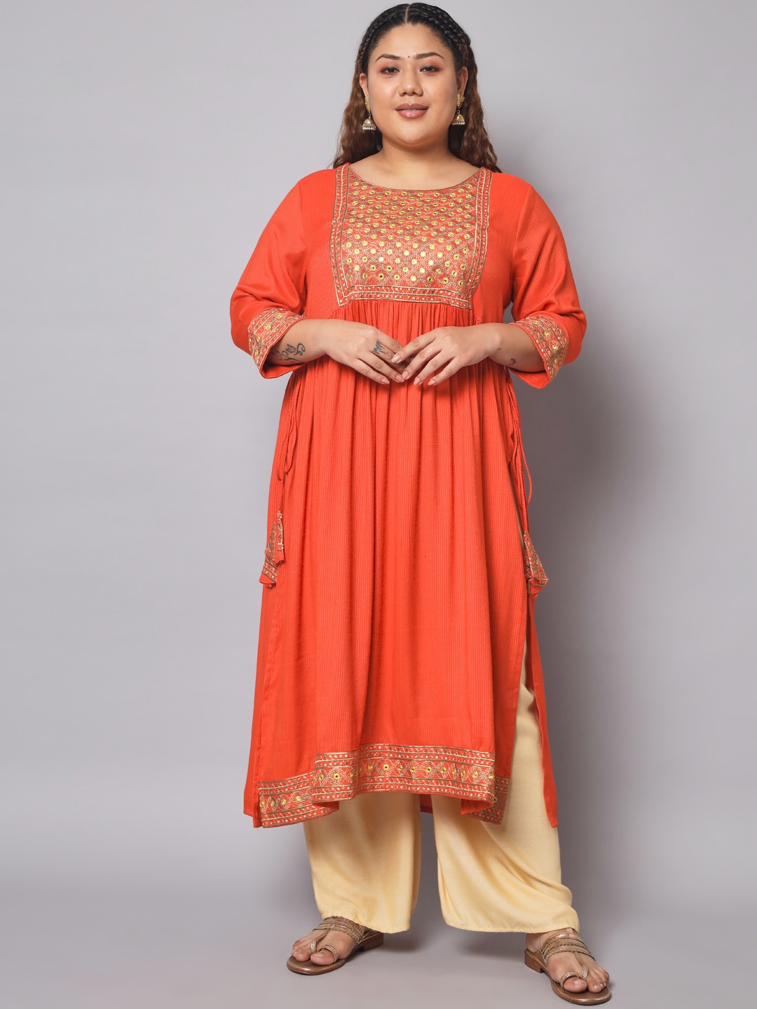 

KALINI Ethnic Motifs Embroidered Mirror Work Kurta, Orange