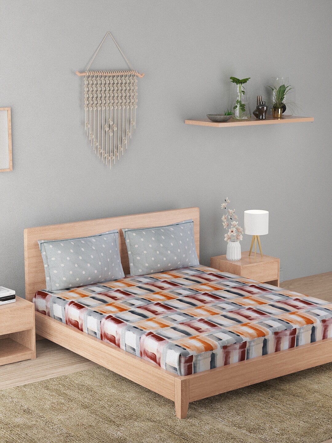 

A Homes Grace Lilac Grey & Orange 144 TC Cotton Queen Bedsheet with 2 Pillow Covers