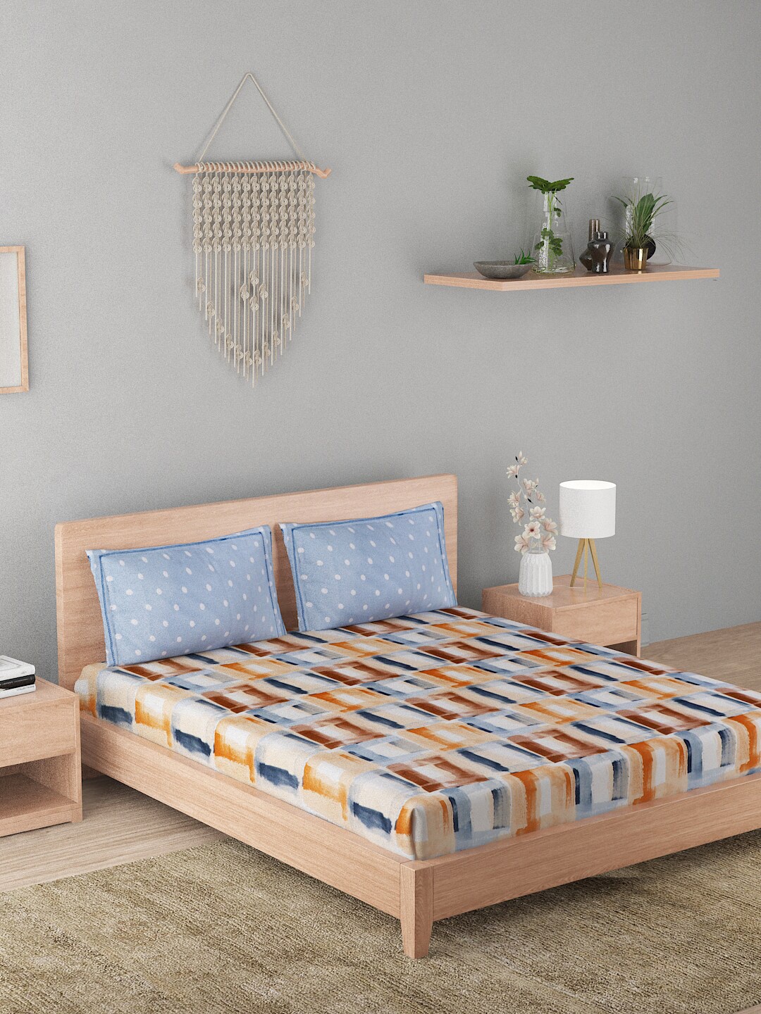 

A Homes Grace Brown & Blue Striped 144 TC Queen Bedsheet with 2 Pillow Covers