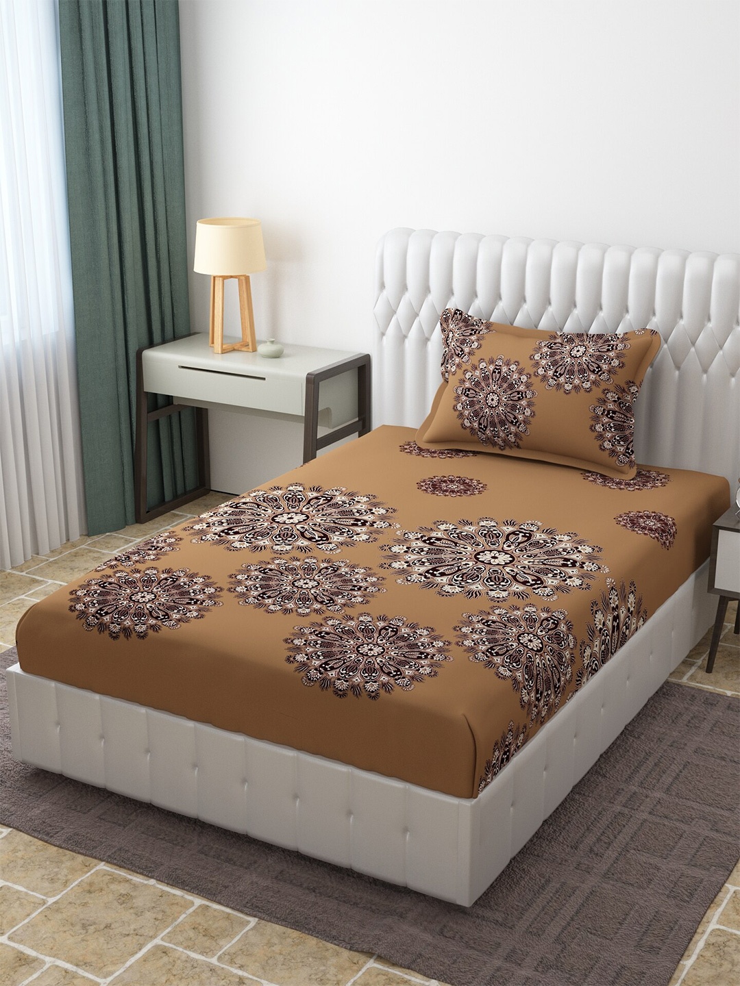 

Molly & Michel Ethnic Motifs Printed 210 TC Single Bedsheet with 1 Pillow Cover, Brown