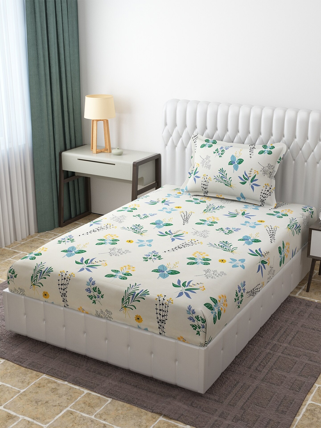 

Molly & Michel Floral Printed 210 TC Single Bedsheet with 1 Pillow Cover, White