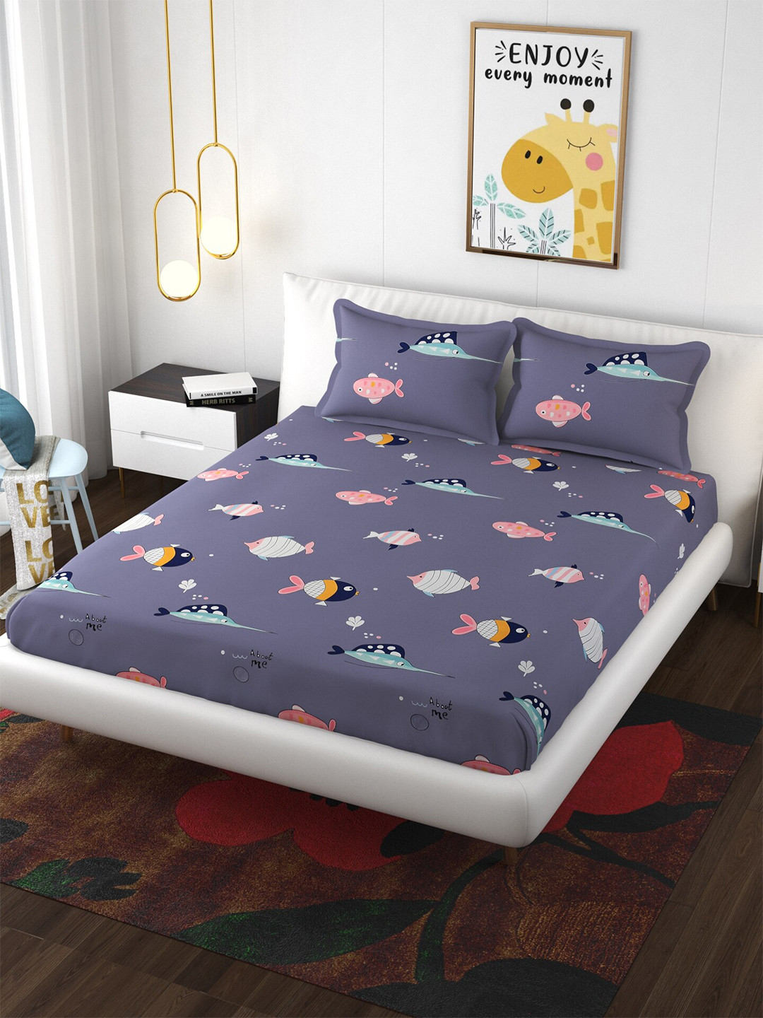 

Molly & Michel Purple & Blue Graphic 210 TC Queen Bedsheet with 2 Pillow Covers