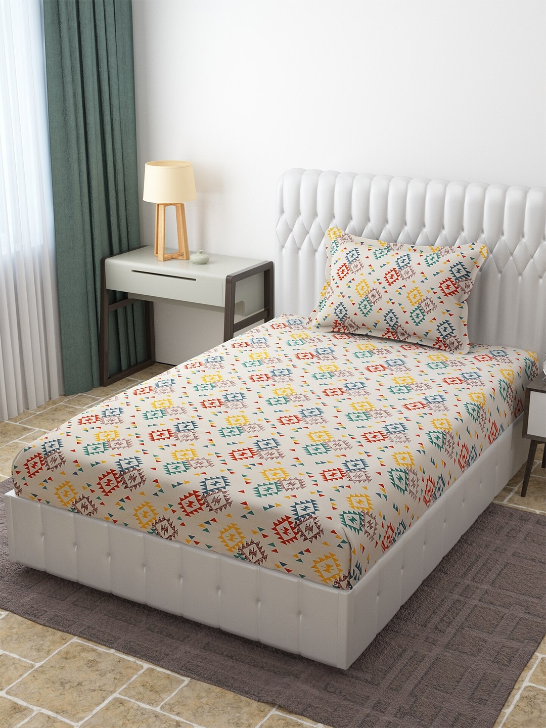 

Molly & Michel Beige & Red Geometric 210 TC Single Bedsheet with 1 Pillow Covers