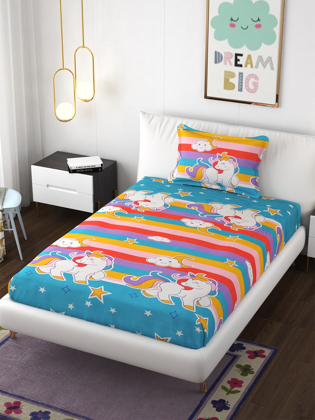 

Molly & Michel Blue & Pink Cartoon Characters 210 TC Single Bedsheet with Pillow Cover