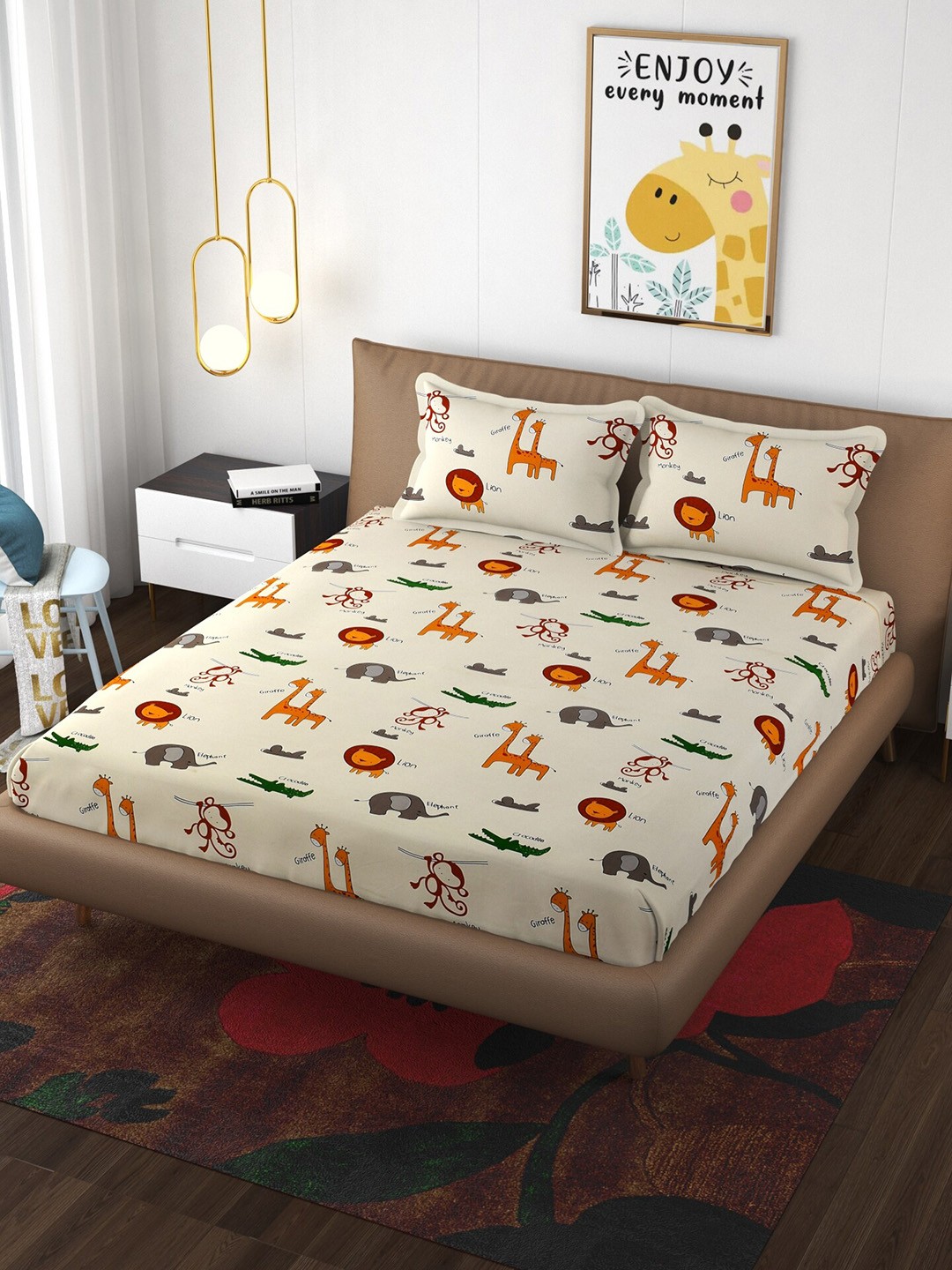 

Molly & Michel Cream-Coloured & Green Cartoon Characters 210 TC Queen Bedsheet with 2 Pillow Covers