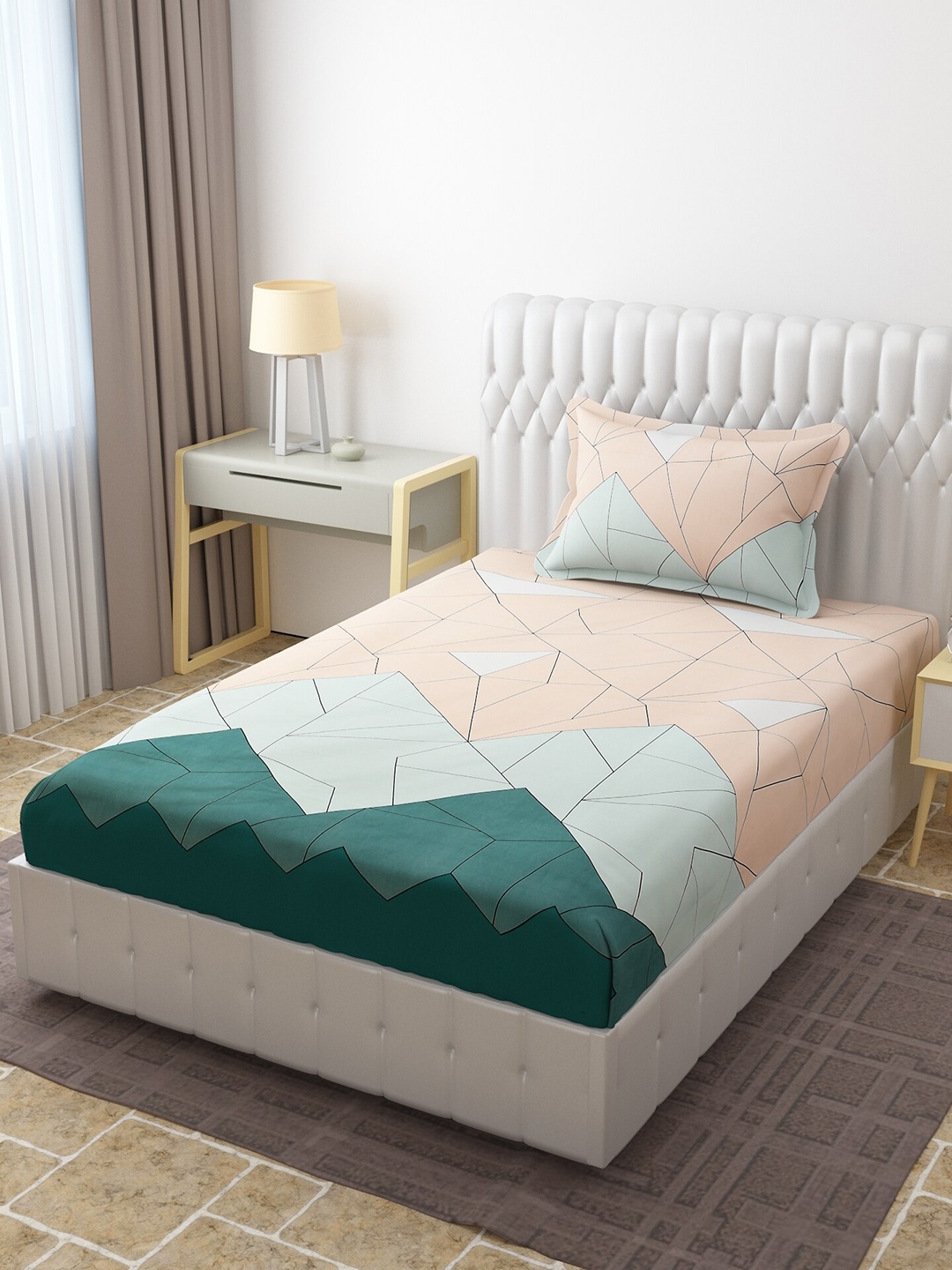 

Molly & Michel Peach-Coloured & Teal Geometric 210 TC Single Bedsheet with Pillow Cover