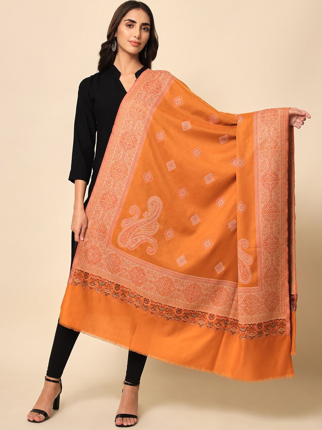 

HERE&NOW Orange Woven-Design Jamawar Shawl