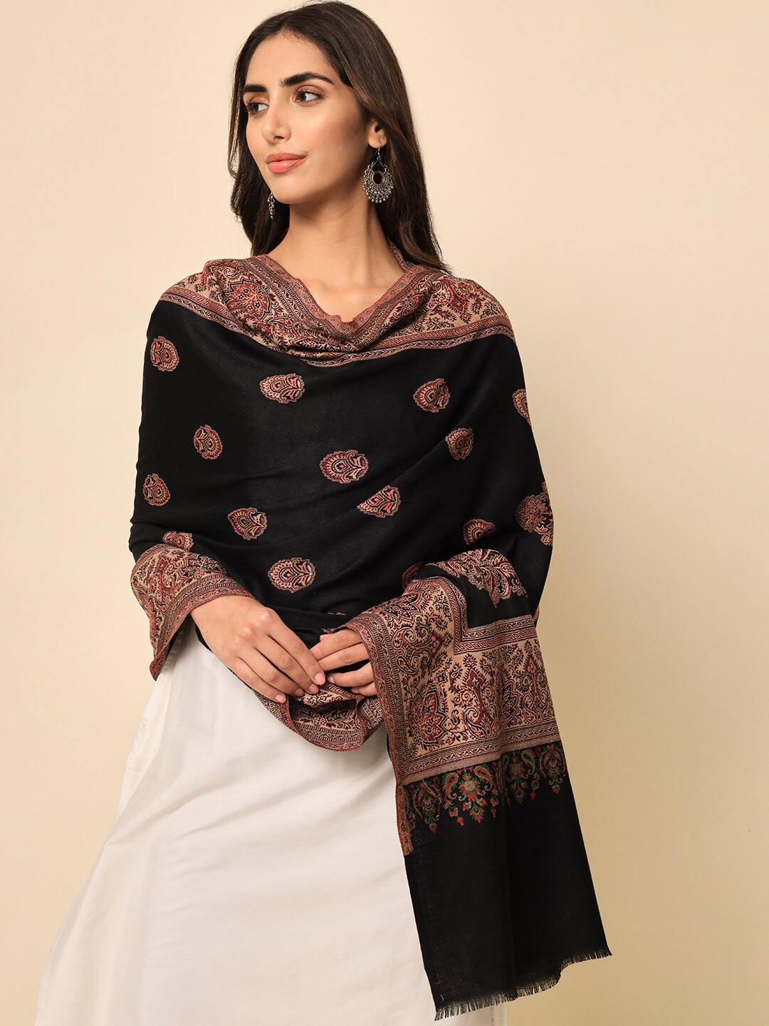 

HERE&NOW Women Black Woven-Design Jamawar Shawl