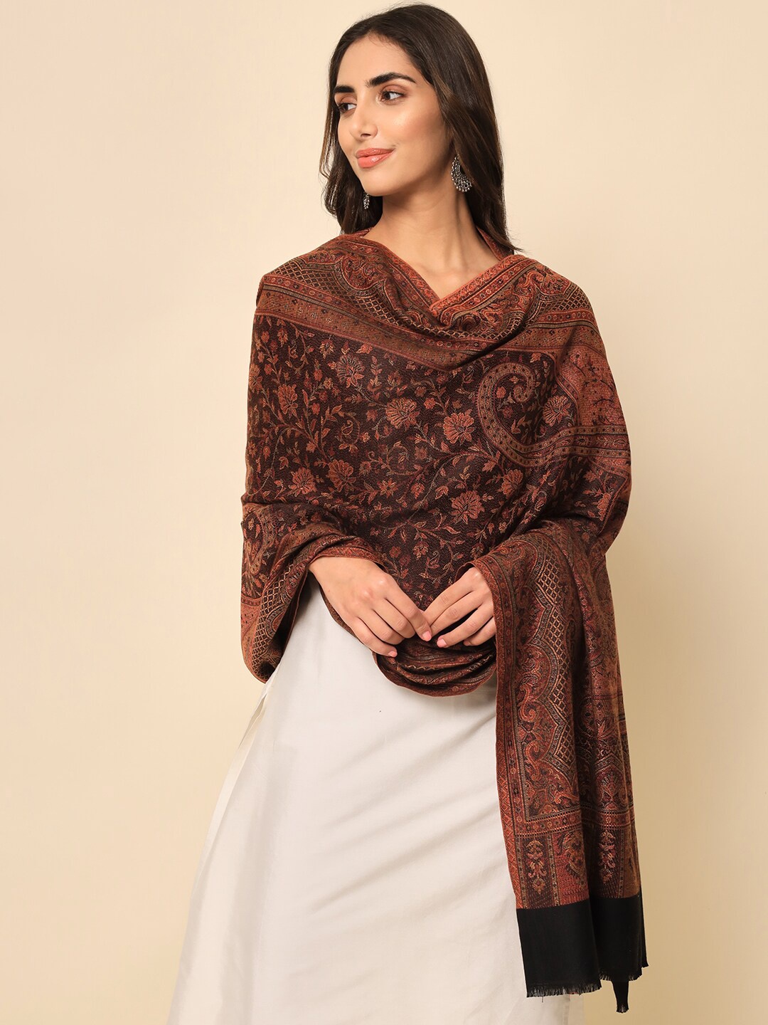 

HERE&NOW Women Maroon Woven Design Jamawar Shawl, Black