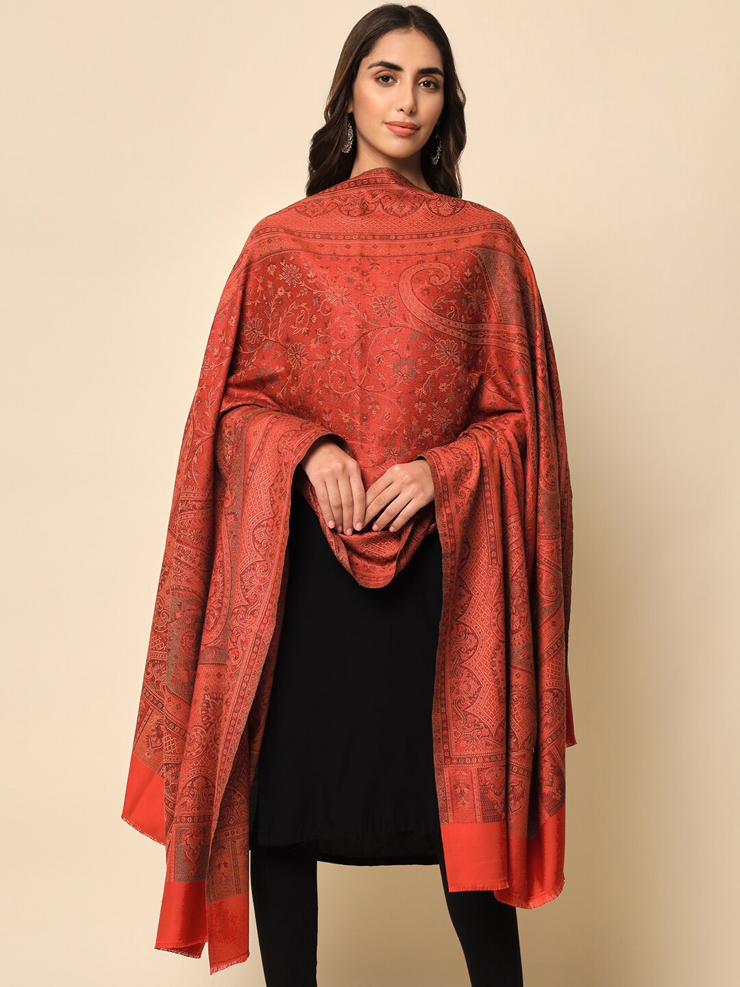 

HERE&NOW Women Maroon & Gold Woven Design Jamawar Shawl