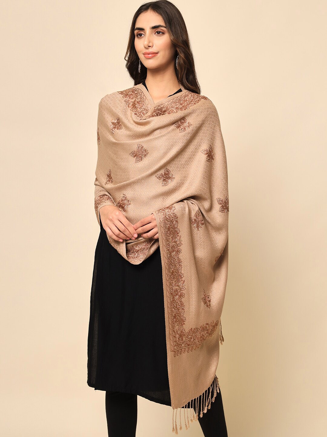 

HERE&NOW Women Beige Embroidered Shawl