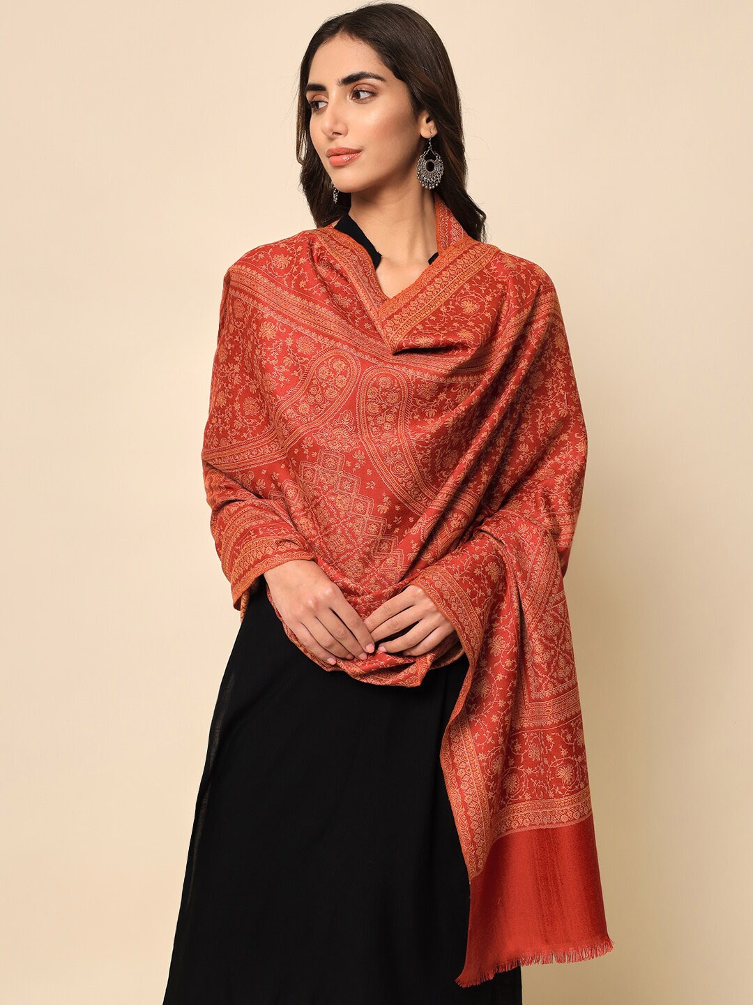 

HERE&NOW Women Maroon & Gold Woven Design Jamawar Shawl