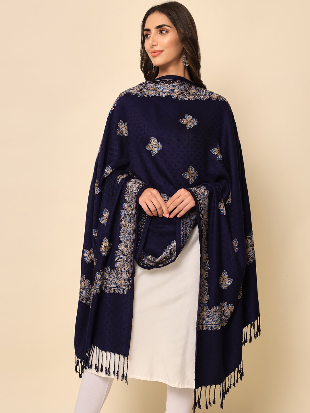 

HERE&NOW Women Navy Blue Embroidered Ethnic Shawl