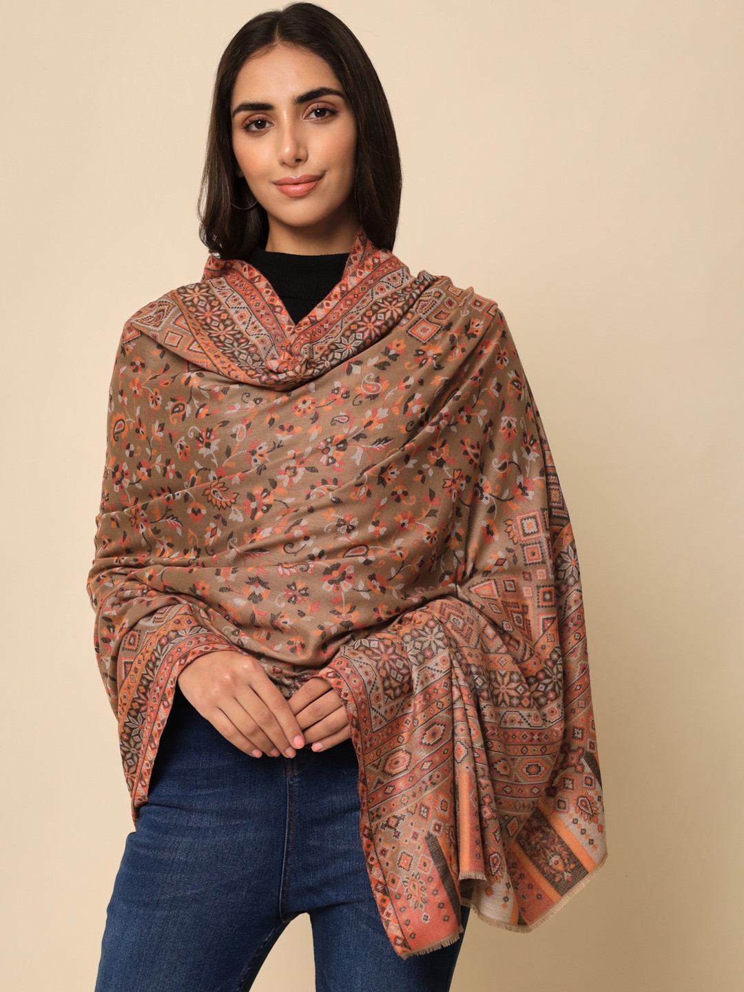 

HERE&NOW Women Beige Woven-Design Shawl