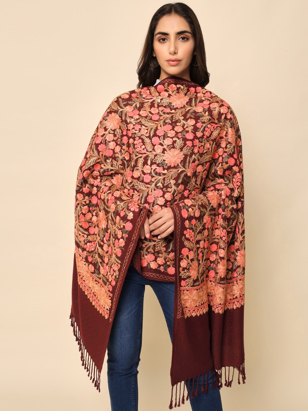 

HERE&NOW Women Maroon Embroidered Shawl