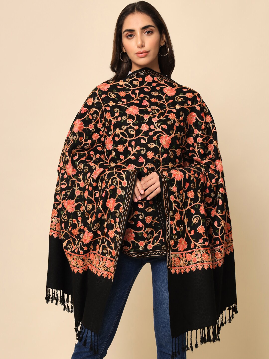 

HERE&NOW Women Black Embroidered Shawl