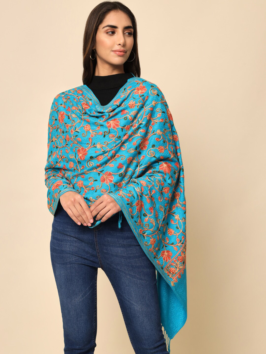 

HERE&NOW Women Blue Embroidered Shawl