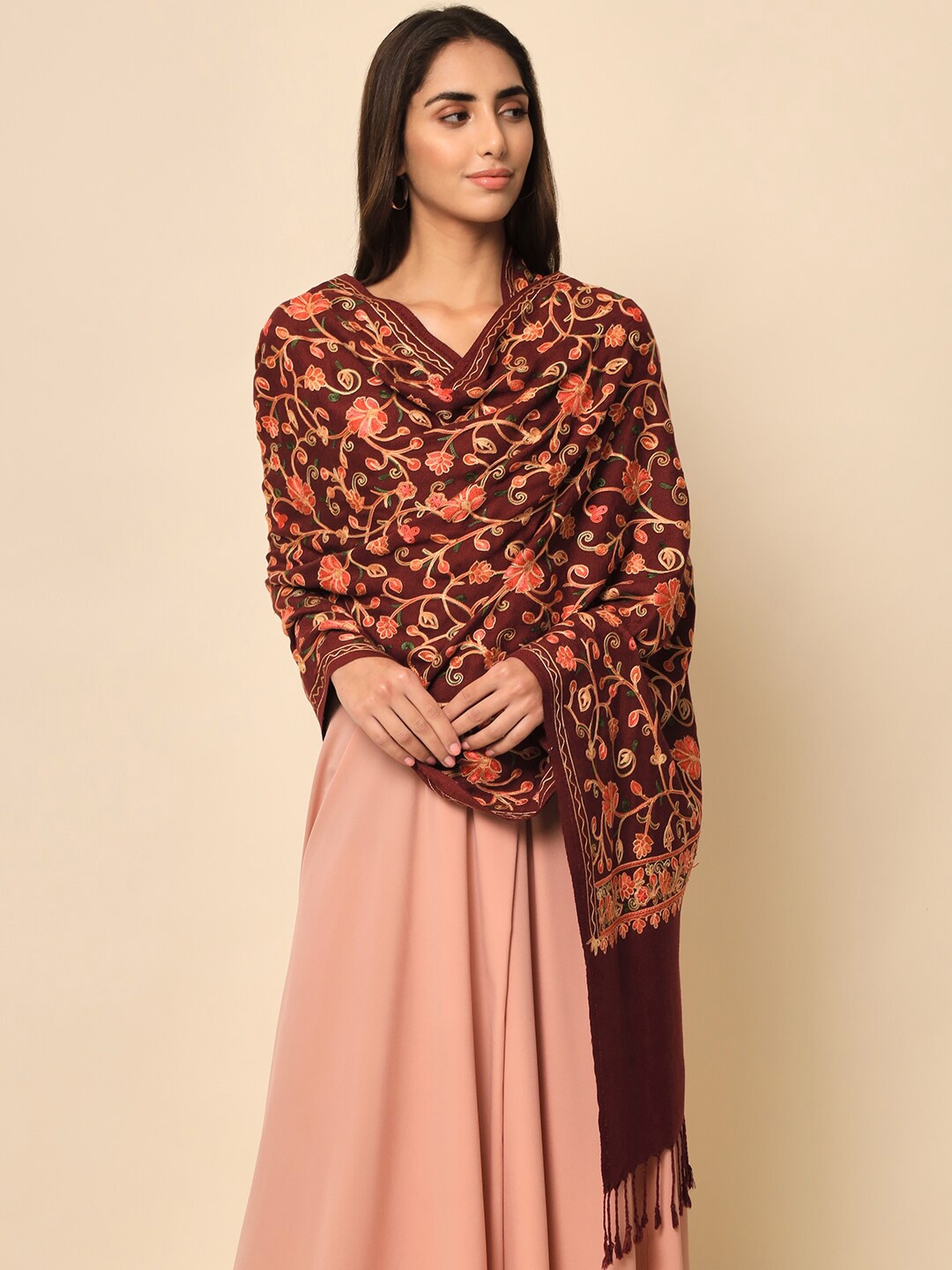 

HERE&NOW Women Maroon Embroidered Shawl