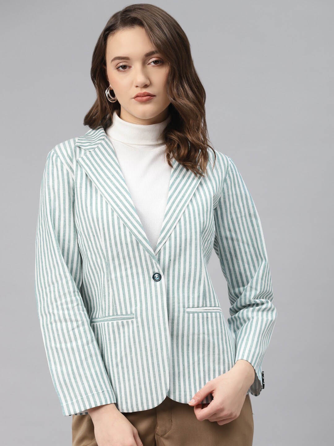 

Cottinfab Women Striped Pure Cotton Formal Blazer, White