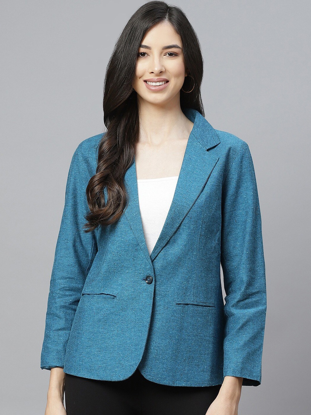 

Cottinfab Women Pure Cotton Single-breasted Formal Blazer, Blue