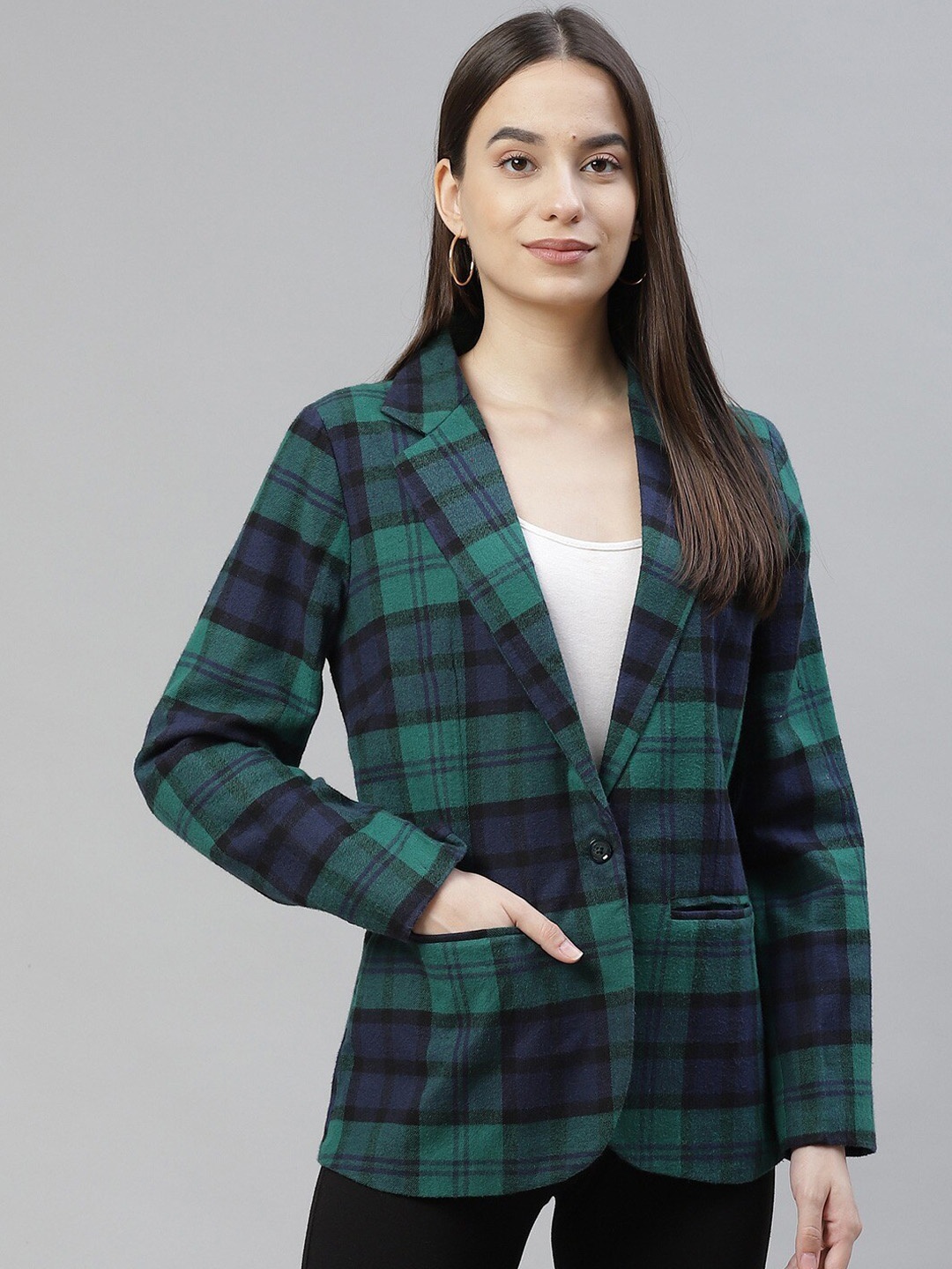 

Cottinfab Women Checked Pure-Cotton Single-breasted Blazer, Green