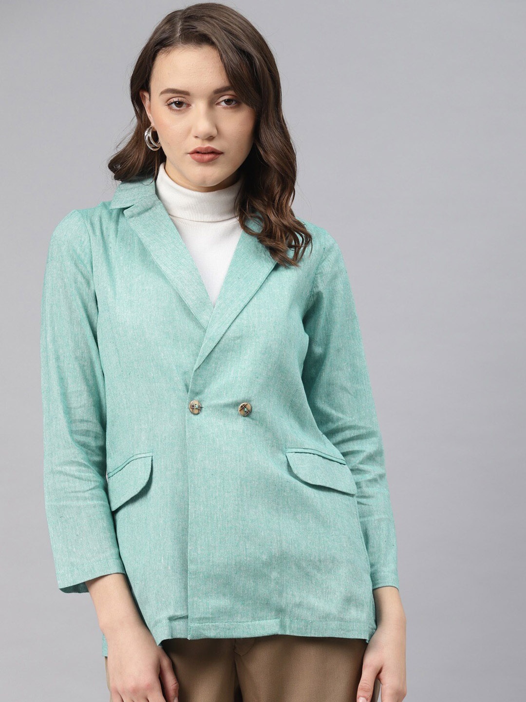 

Cottinfab Women Pure Cotton Slim-fit Double-breasted Blazer, Green