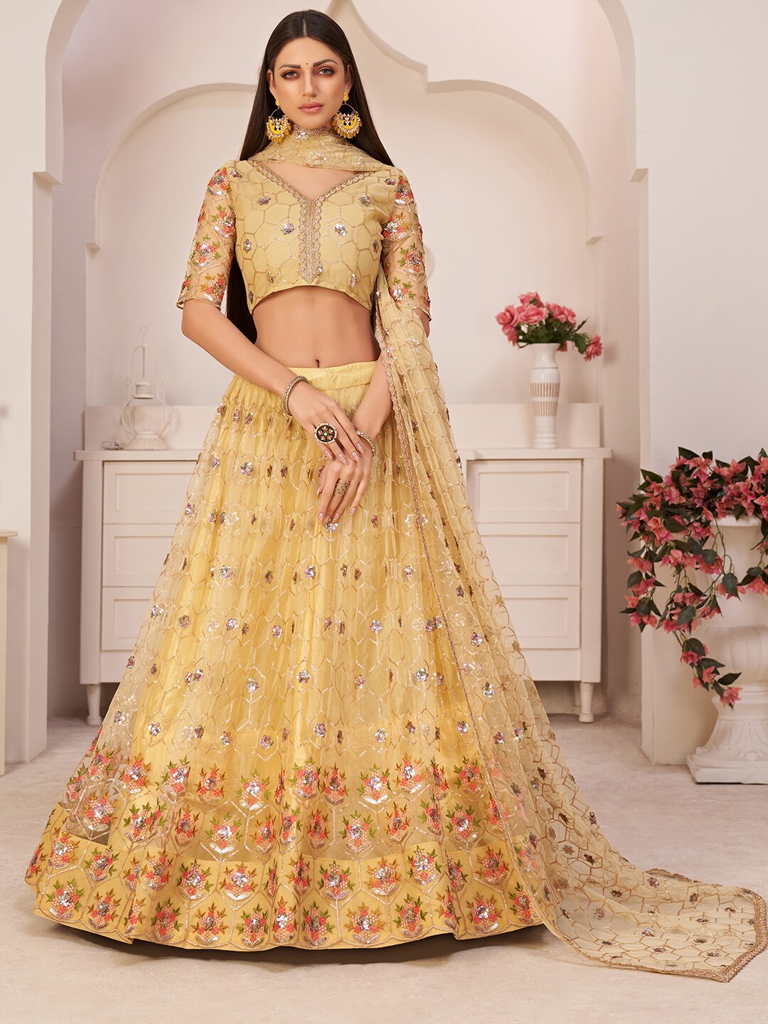 

FABPIXEL Yellow & Pink Embroidered Sequinned Semi-Stitched Lehenga & Unstitched Blouse With Dupatta