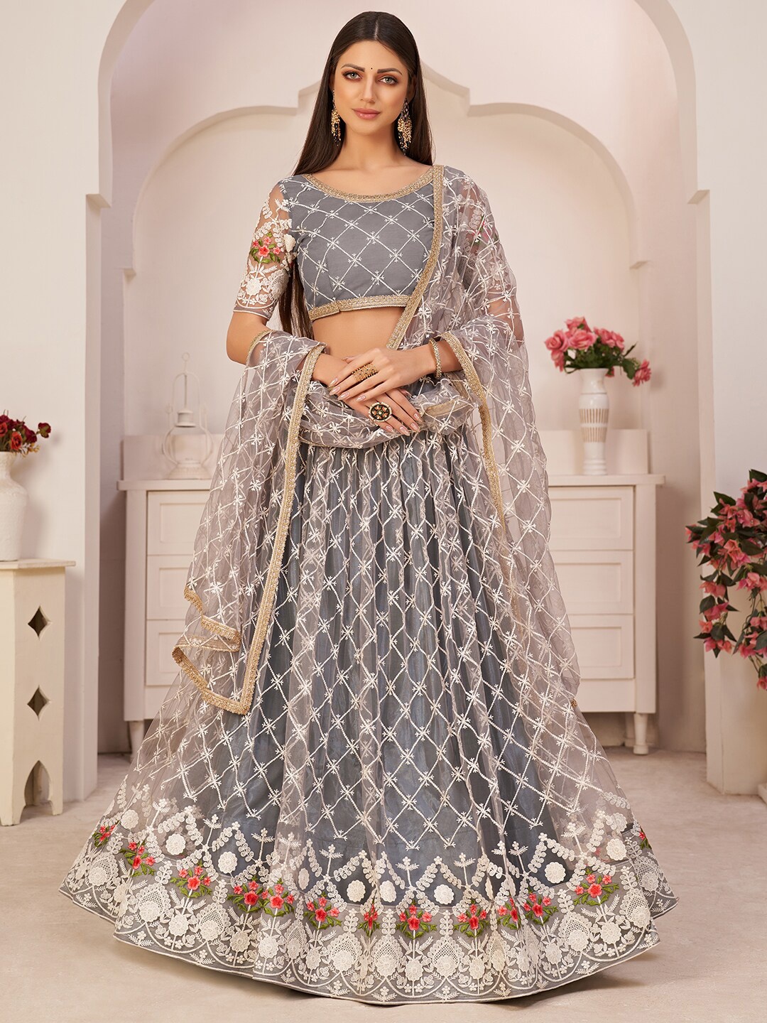 

FABPIXEL Grey & White Embroidered Semi-Stitched Lehenga & Unstitched Blouse With Dupatta